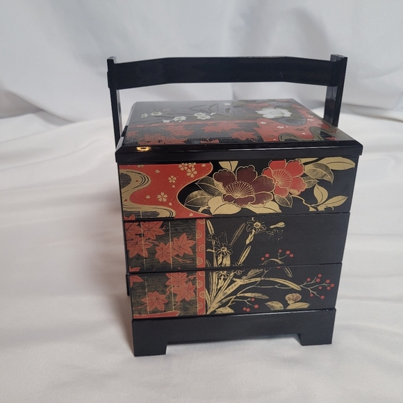 Vintage Japanese Black Laquerware 3 Tier Bento Trinket Box - Picture 1 of 11